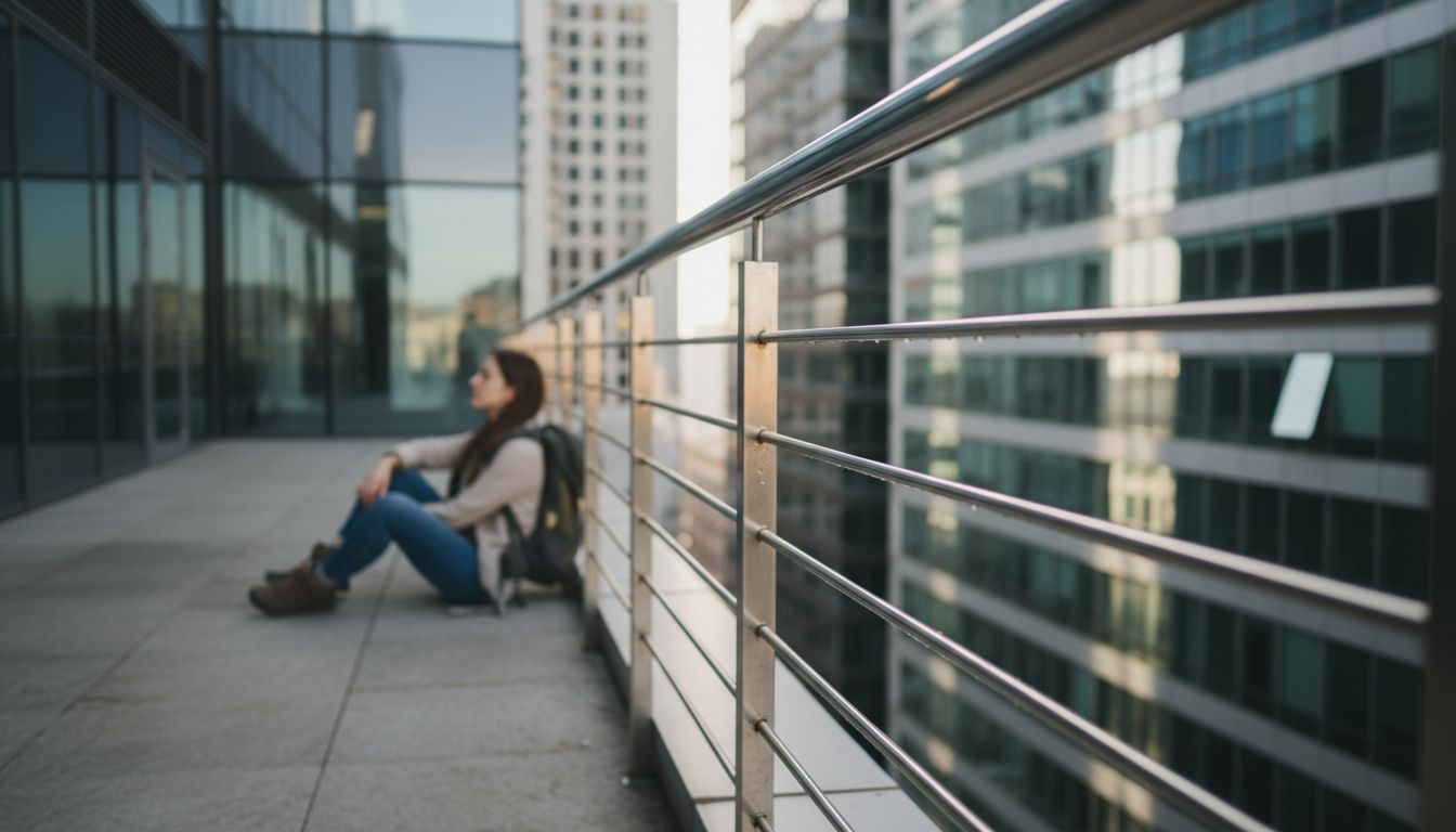 Жена се е подпряла небрежно на парапет от инокс със стоманени струни.