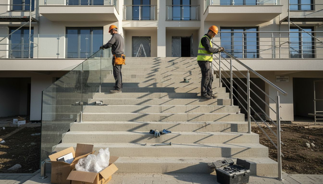 Двама майстори, всеки работи със своя система за монтаж на парапети