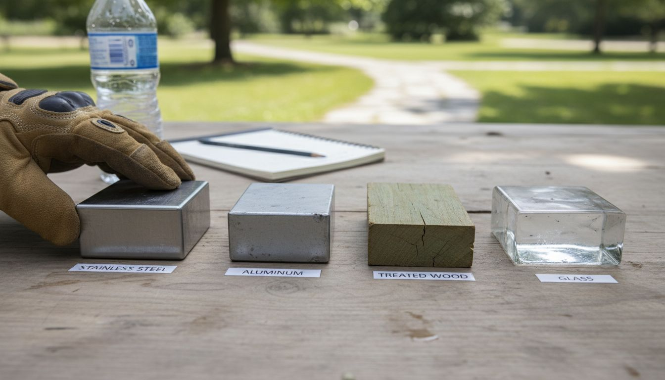 Comparing railing material samples on outdoor table