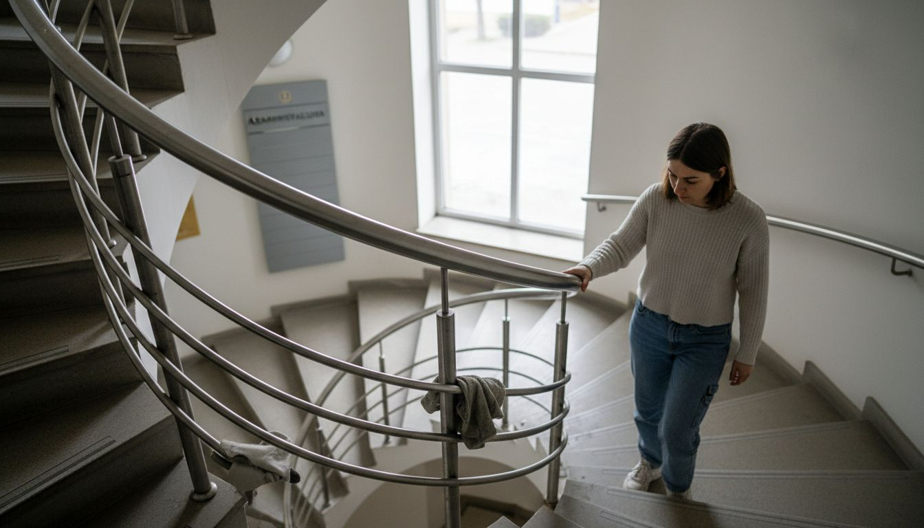 Стоманен парапет по стълбището в административна сграда