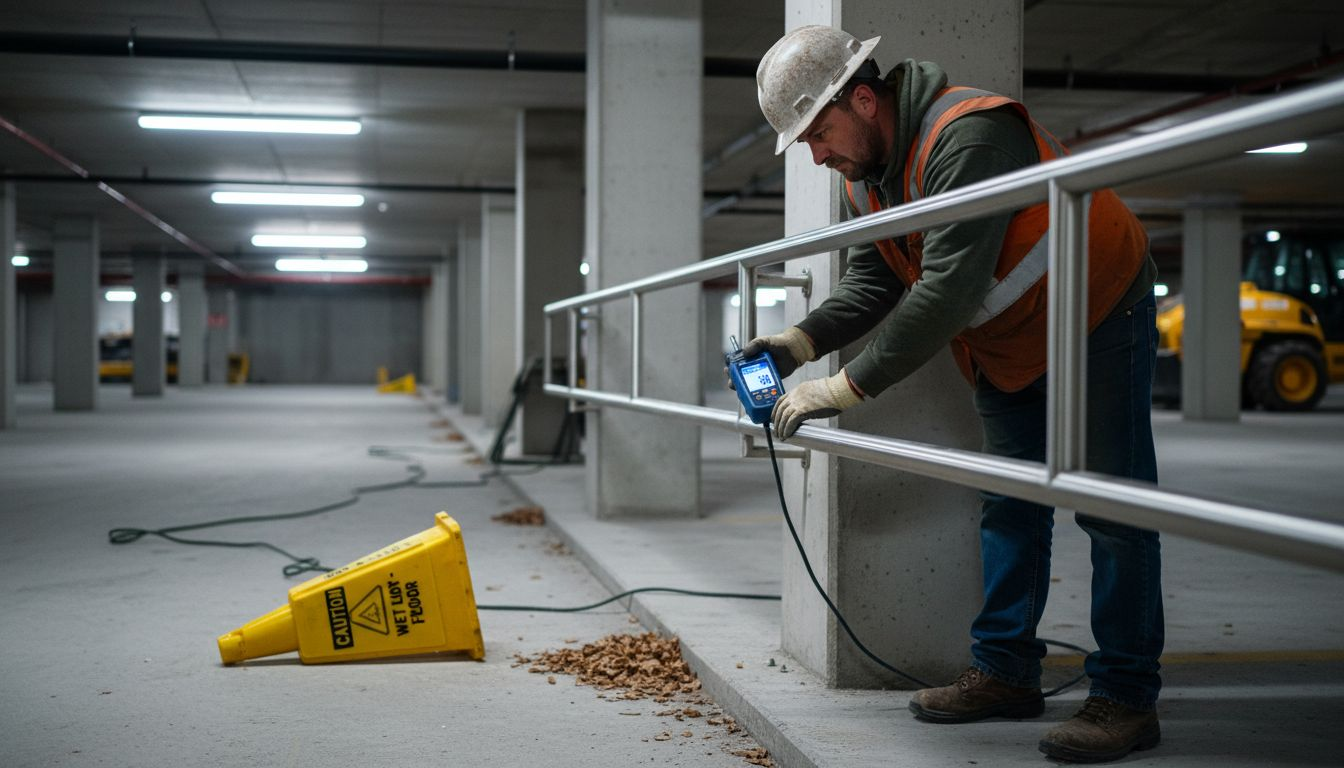 Worker testing steel and aluminum railing durability