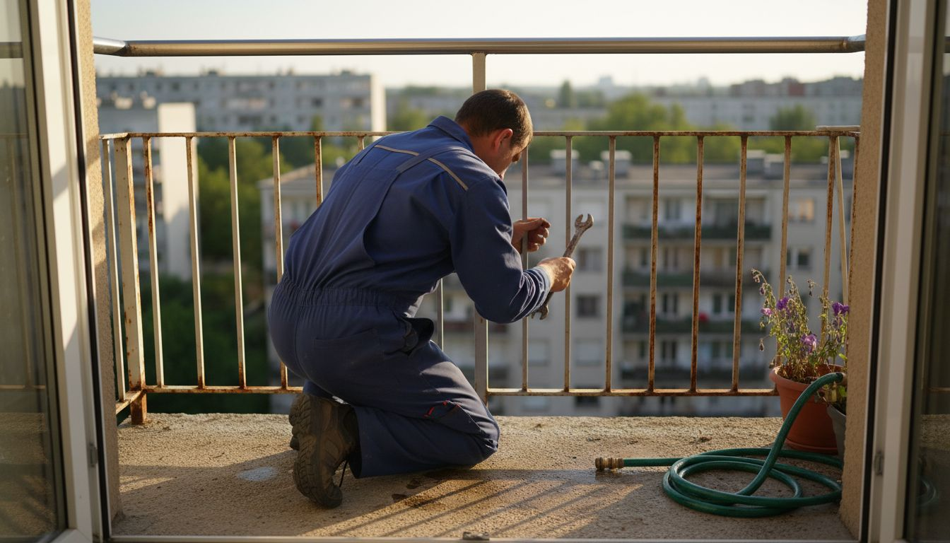 Worker inspecting weathered outdoor railing