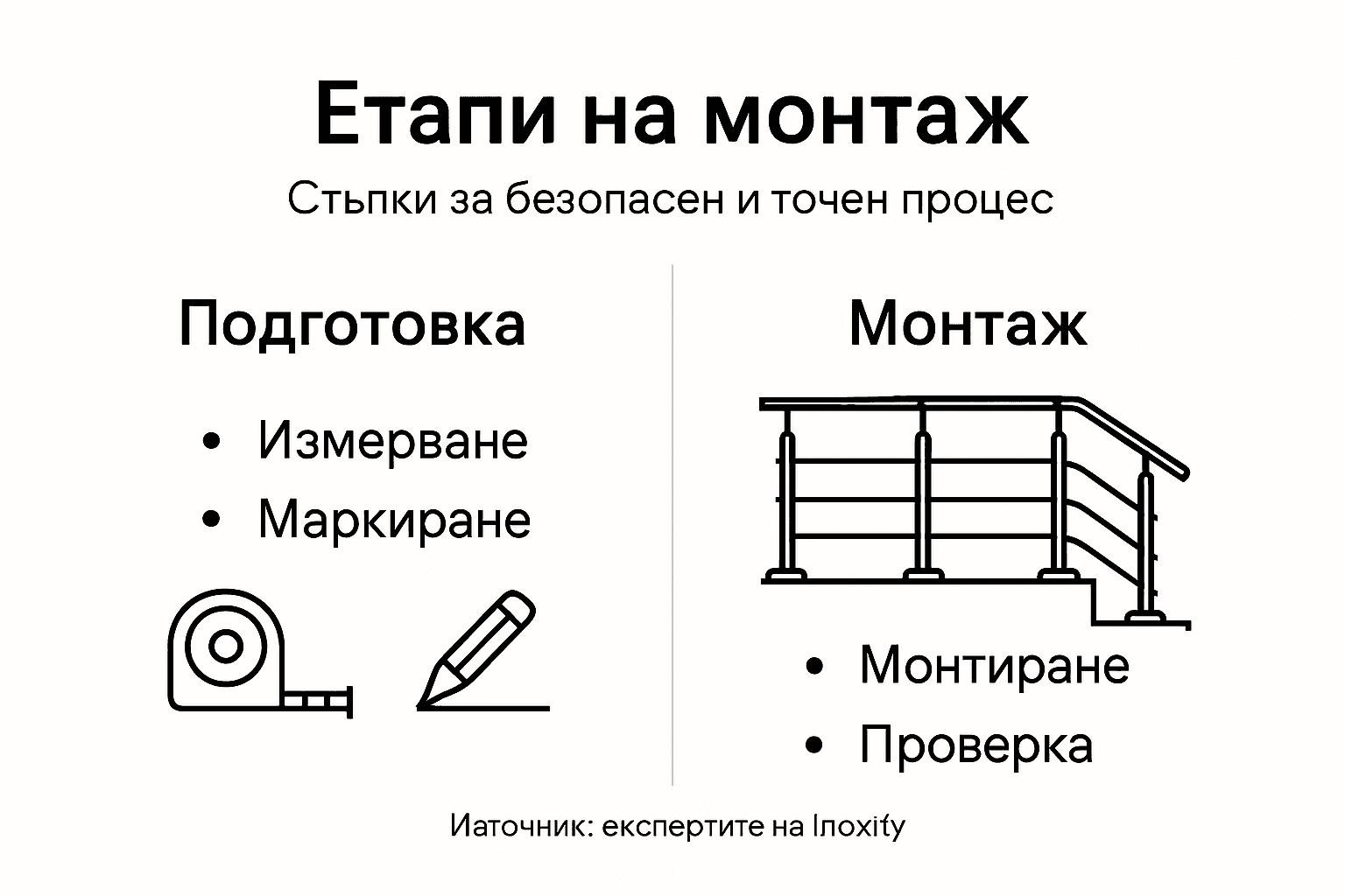 Визуално ръководство за стъпките при монтаж на парапет от неръждаема стомана