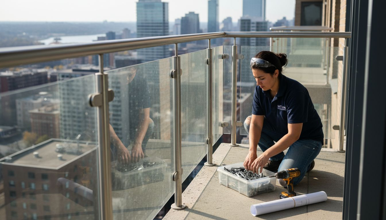 Installer prepping railing tools on high-rise balcony