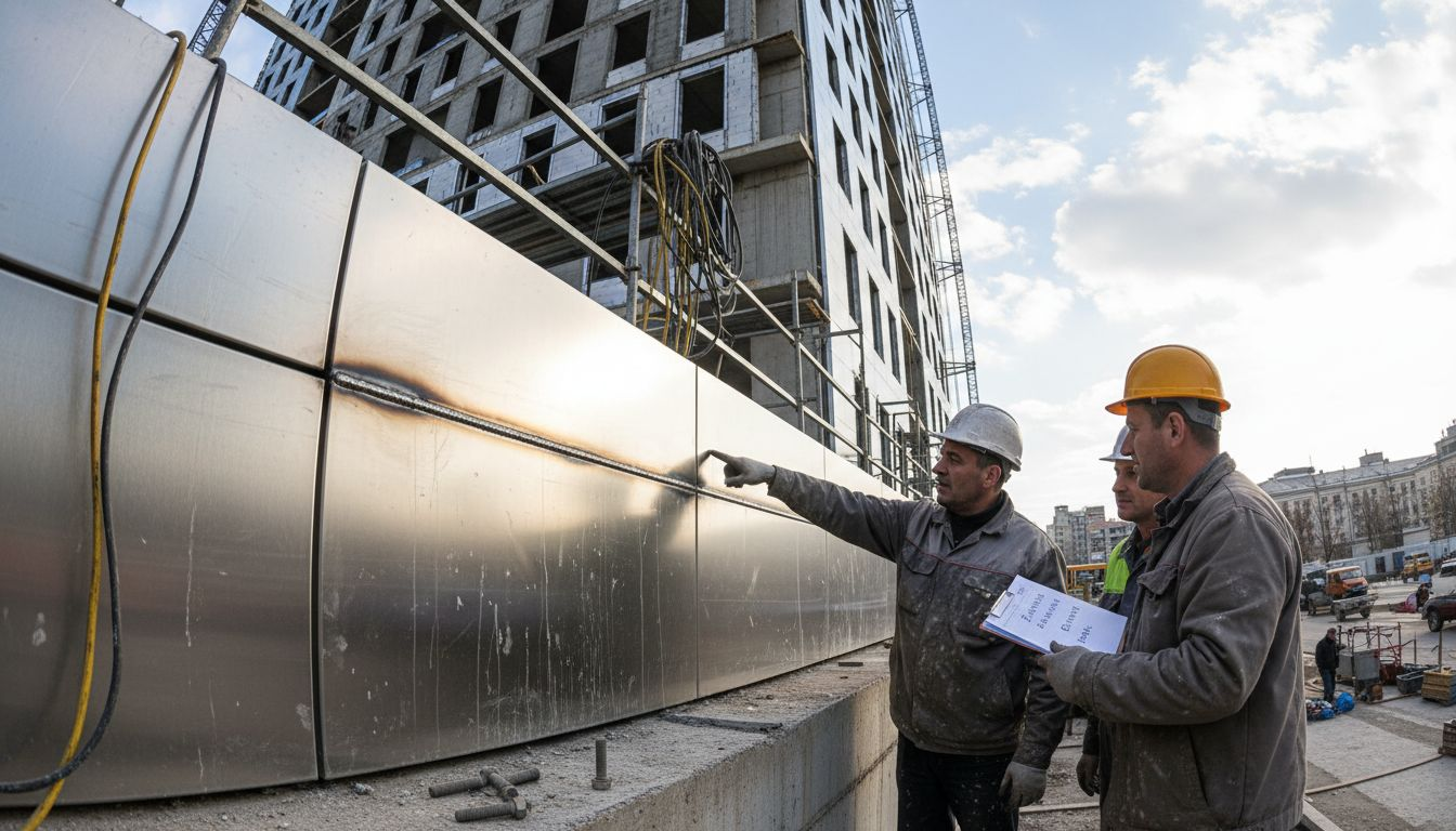 Служителите внимателно преглеждат детайлите от фасадата, изработени от неръждаема стомана.