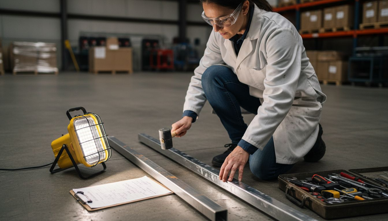 Engineer testing railing durability in warehouse