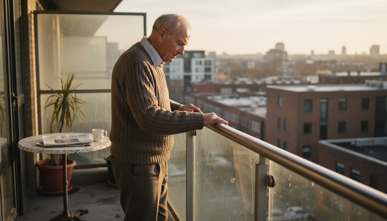Elderly man inspecting stainless balcony railing
