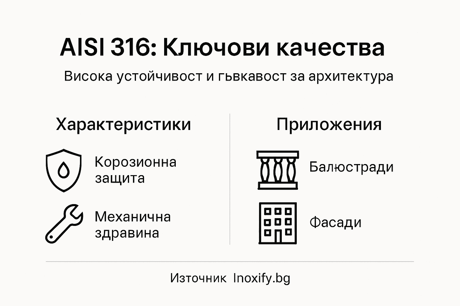 Инфографика с основните характеристики на неръждаемата стомана AISI 316
