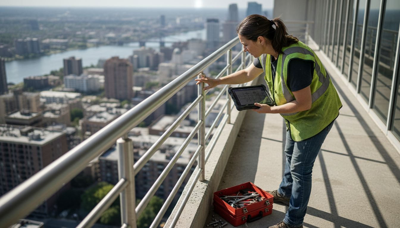 Engineer inspecting stainless steel balcony railing