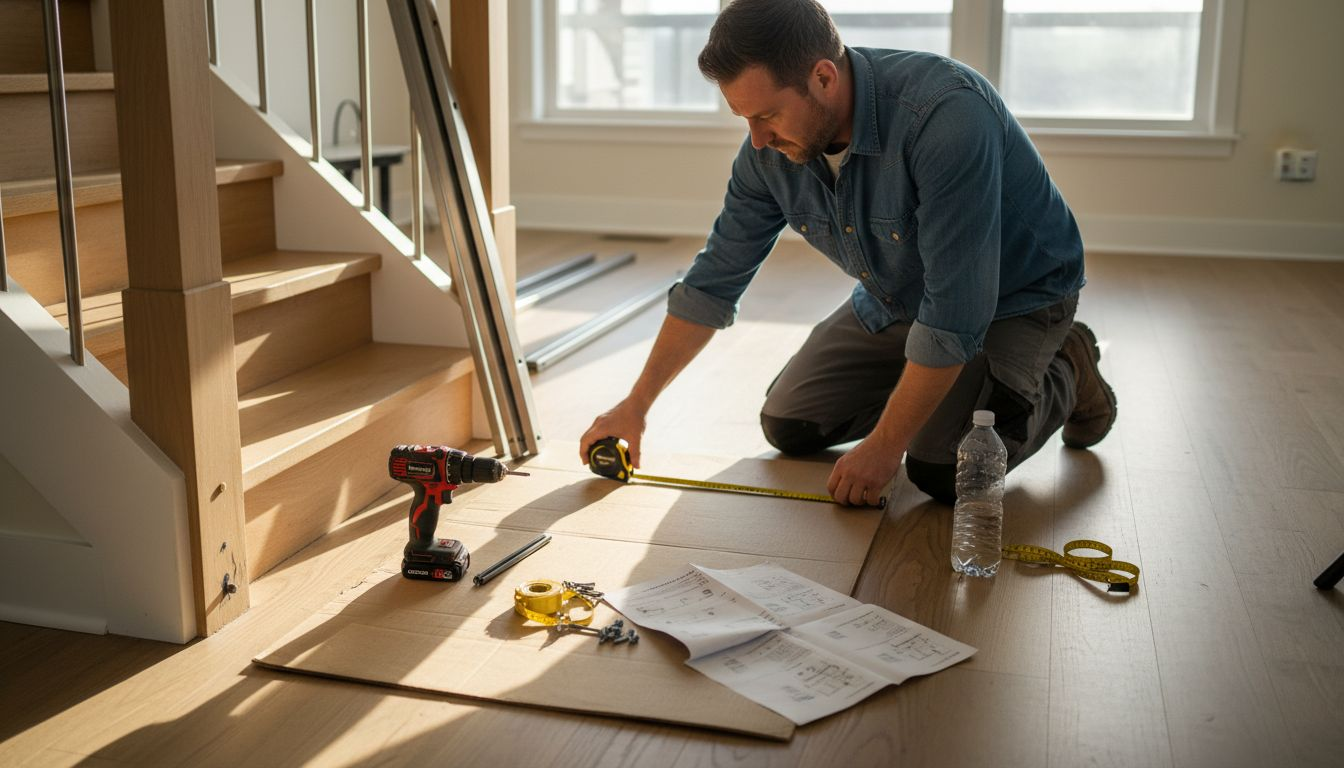 Contractor measuring stair for modular railing install
