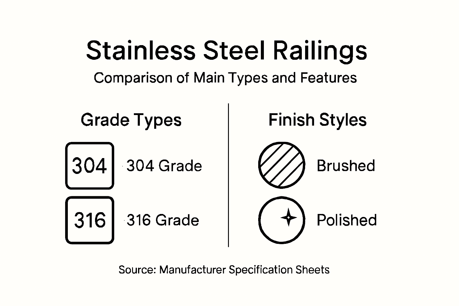 Infographic comparing stainless steel railing types and finishes