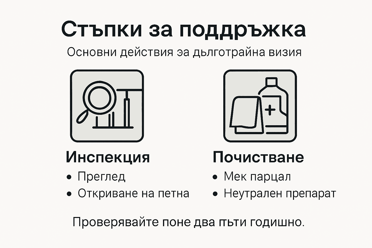 Инфографика с основните стъпки за поддръжка на парапети от неръждаема стомана