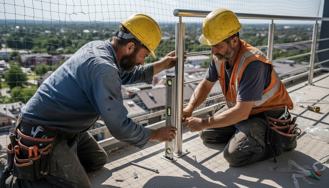 Workers installing stainless steel balcony railing