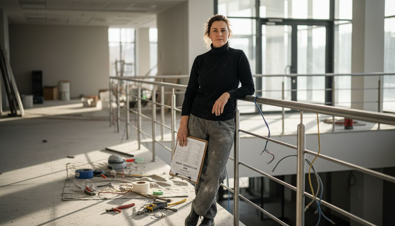 Архитектът оглежда парапета от неръждаема стомана, за да се увери в качеството на изработката и детайлите.