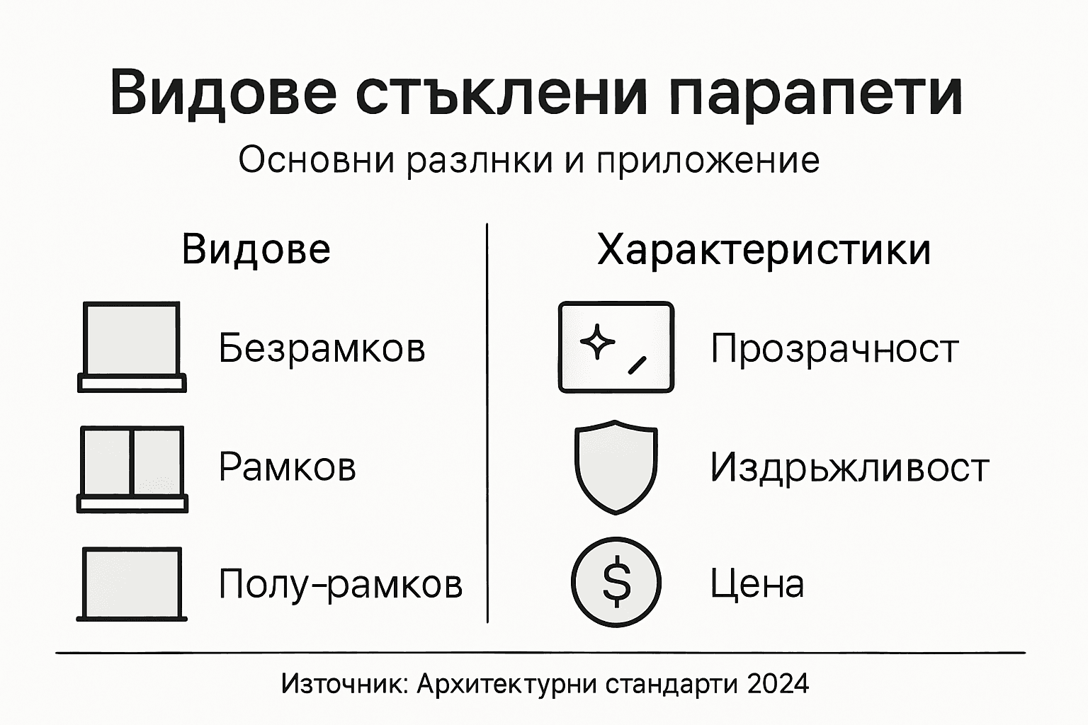 Инфографика: видове и основни характеристики на стъклените парапети