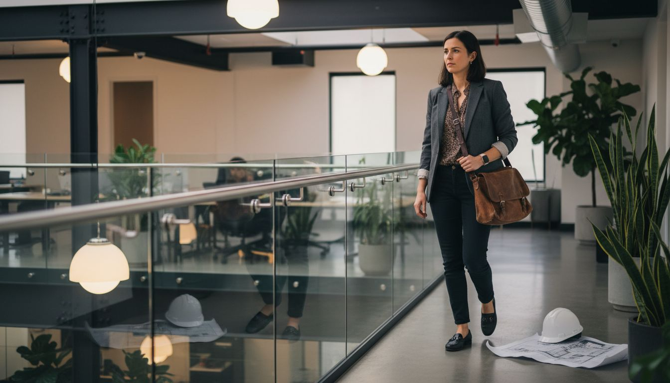 Architect inspecting glass metal railings mezzanine