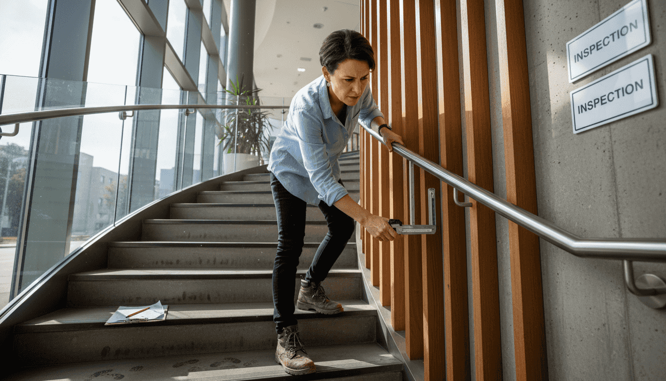 Architect measures stair railing gaps for safety
