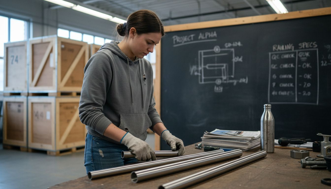 Engineer inspecting stainless steel railing samples