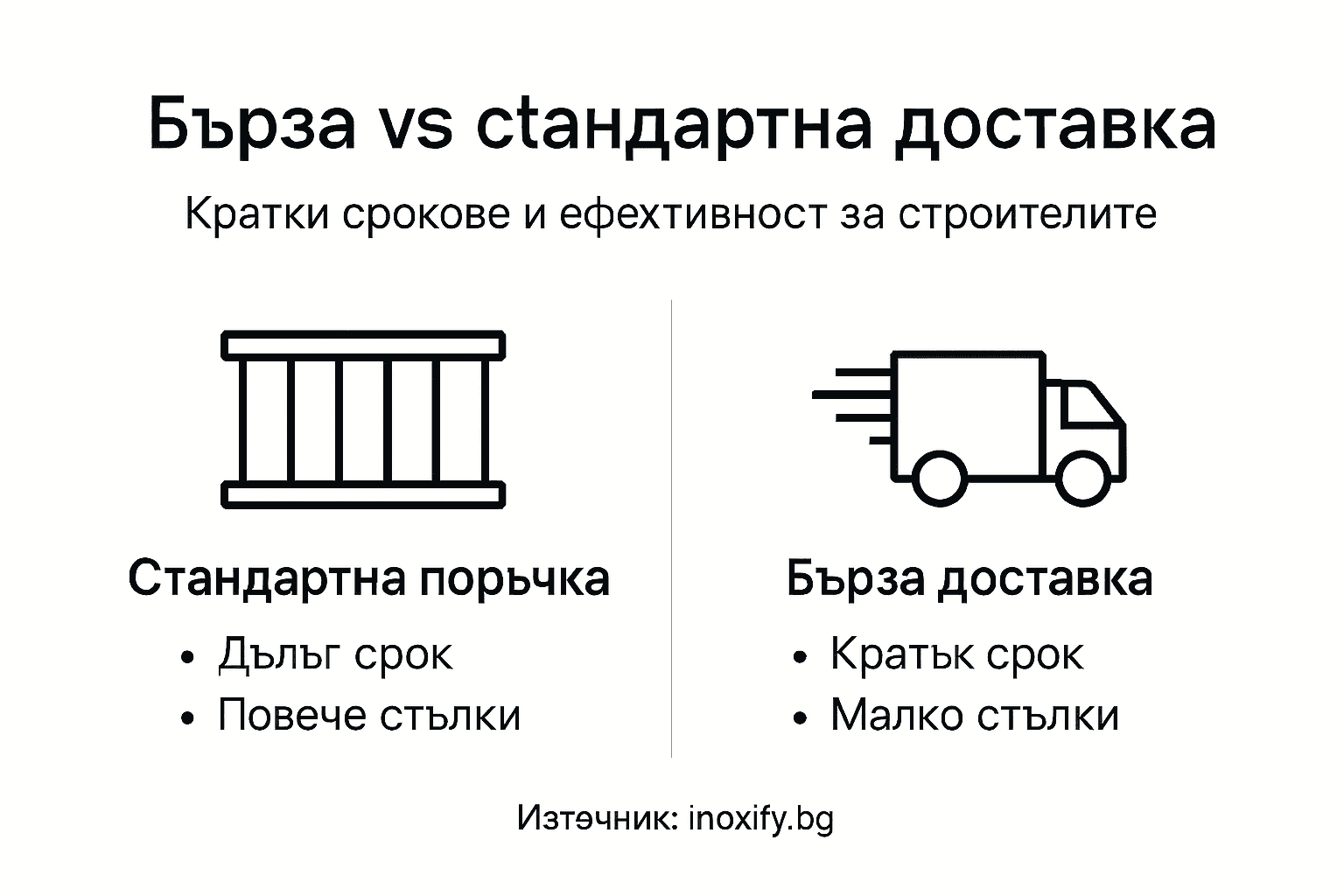 Сравнителна инфографика: бърза срещу стандартна доставка на парапети