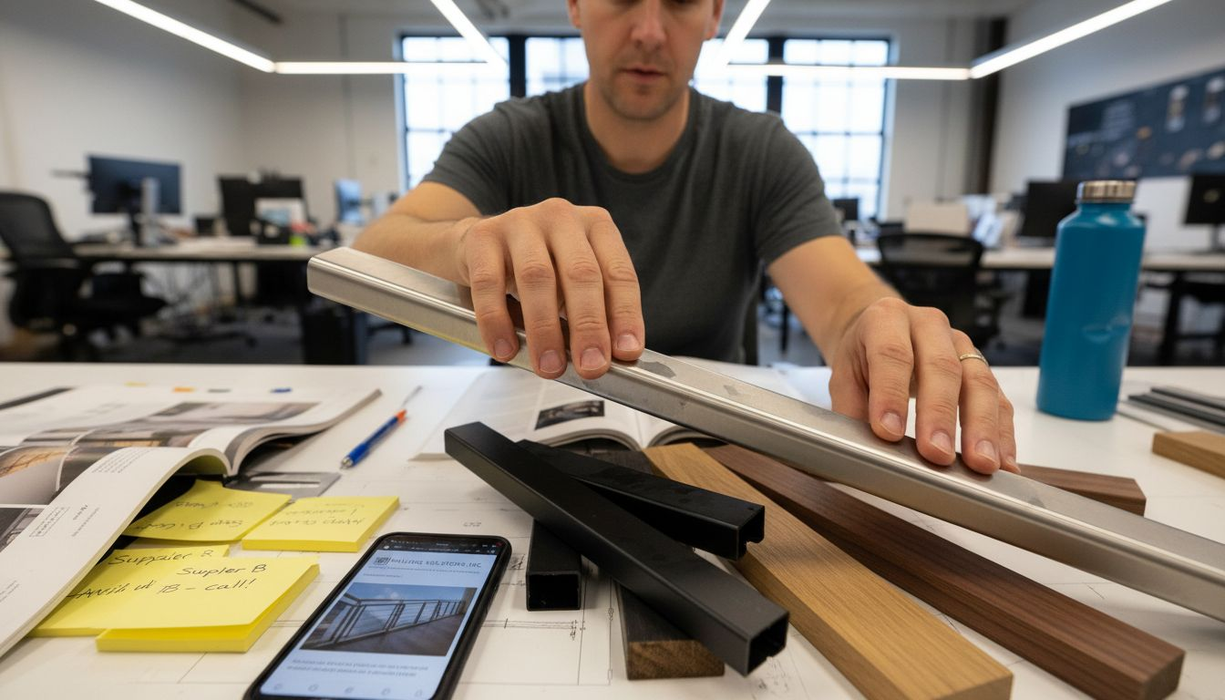 Manager evaluating stainless steel railing samples