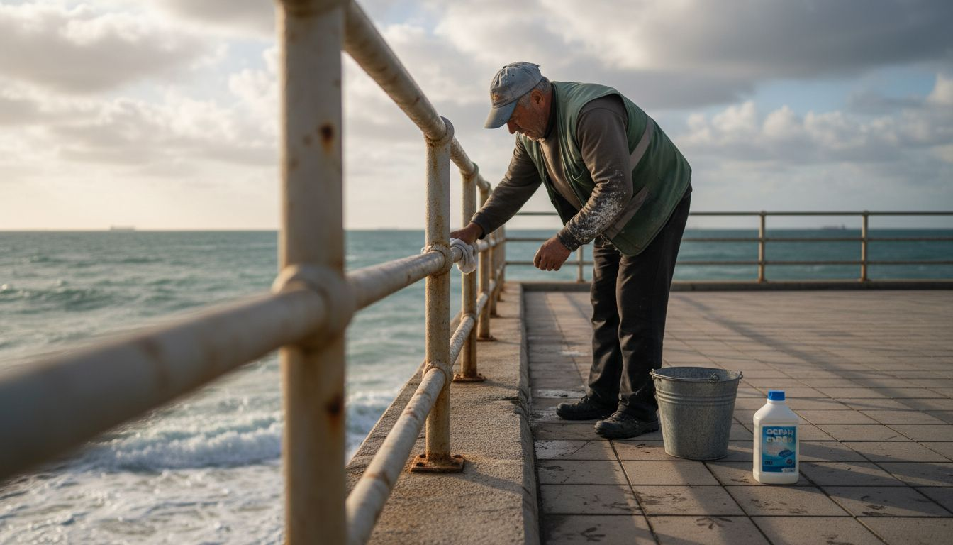 Worker cleans corroded coastal railing