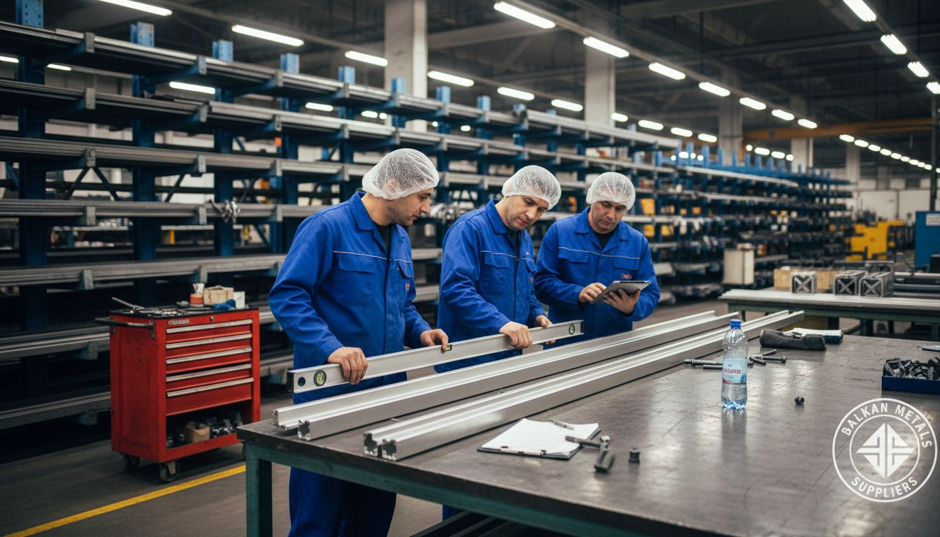 Technicians assembling railings on factory floor