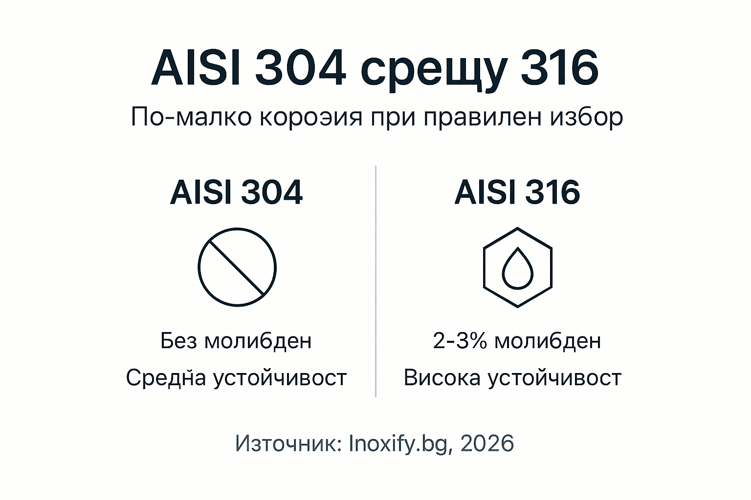 Инфографика, която показва основните разлики между неръждаема стомана 304 и 316