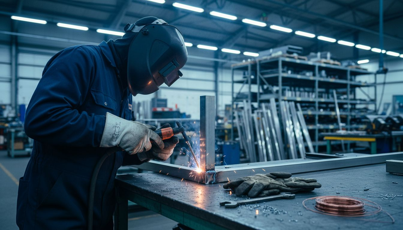 Metalworker fabricating stainless steel railings in factory