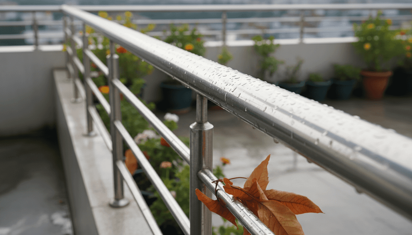 Парапет от неръждаема стомана на терасата, обсипан с дъждовни капки