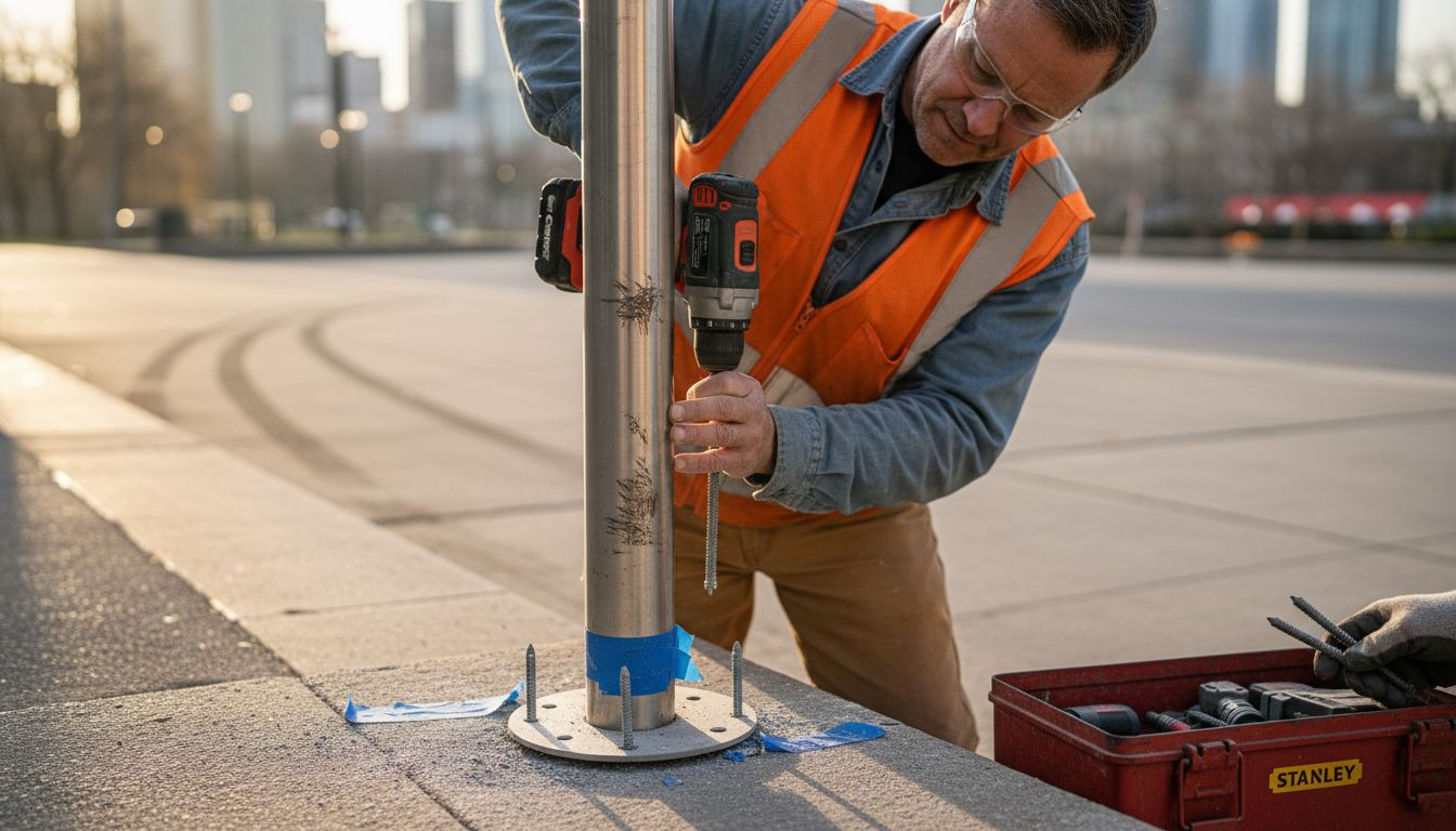 Installer securing railing post to concrete stair