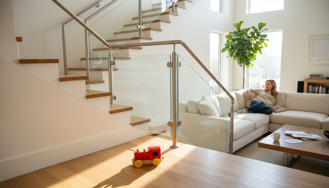 Living room with glass panel stair railing