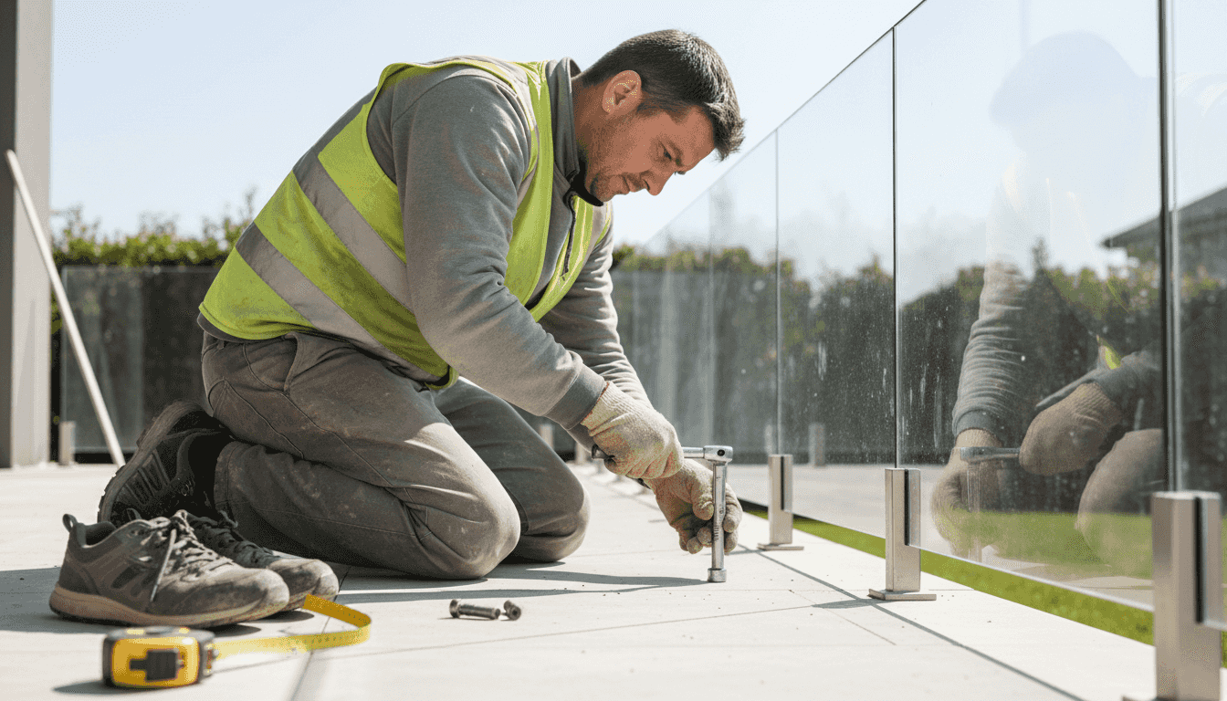 Работник монтира външна ограда от стъкло и метал.