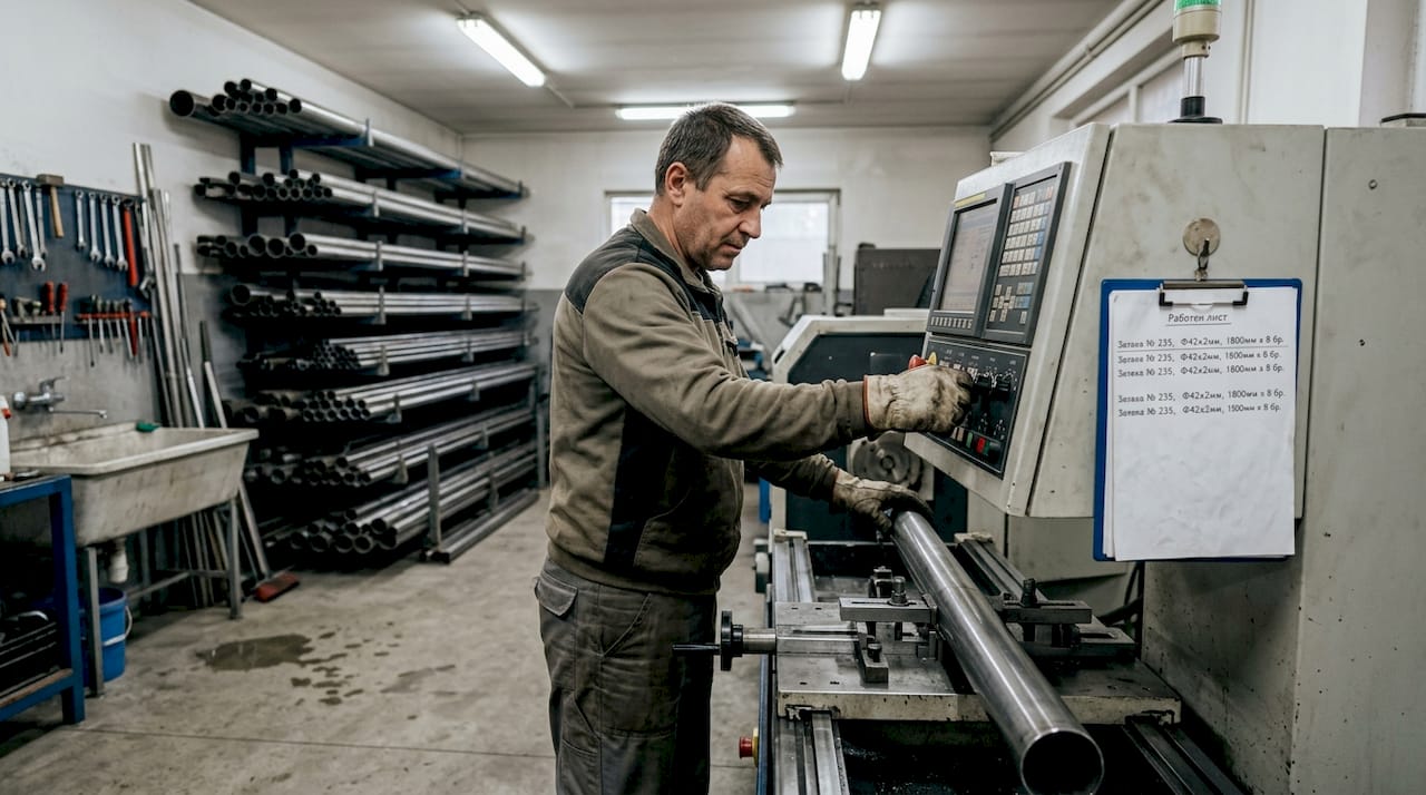 Опитен майстор изработва парапет с помощта на CNC машина, гарантирайки прецизност и качество на детайлите.