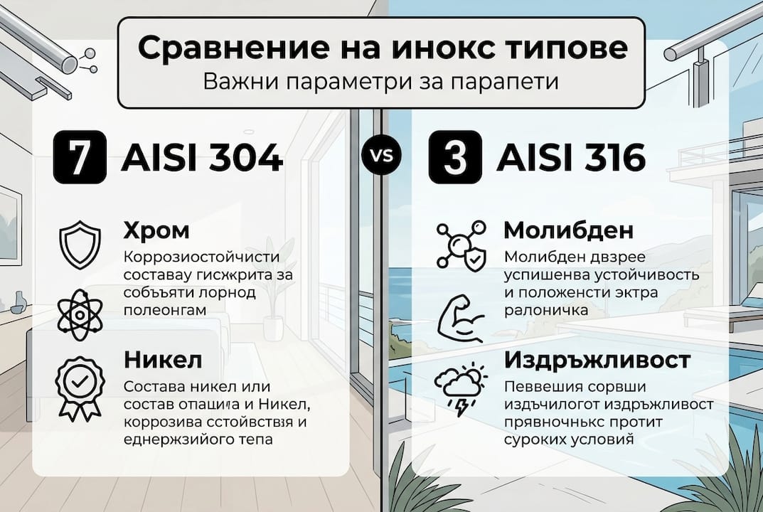 Инфографика: Сравнение на различните видове парапети от неръждаема стомана