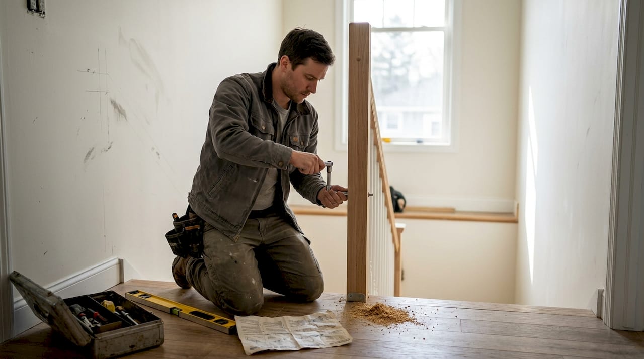 Installer securing stair railing anchor bolt