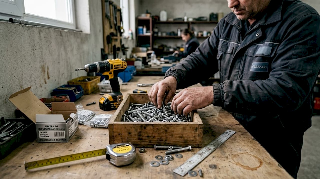 Чифт ръце внимателно проверяват винтовете и болтовете на работния плот.