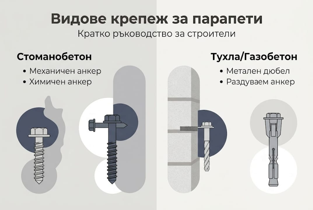 Инфографика с основните видове крепежни елементи за парапети