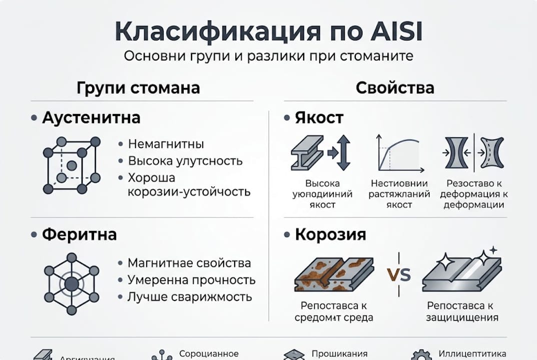 Инфографика с ясно представени видове AISI стомани и техните основни характеристики