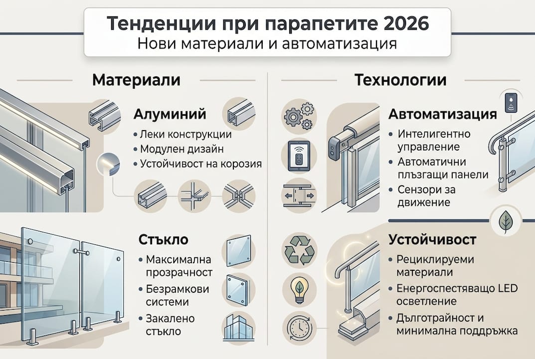 Визуален гид за най-актуалните тенденции при парапетите през 2026 година