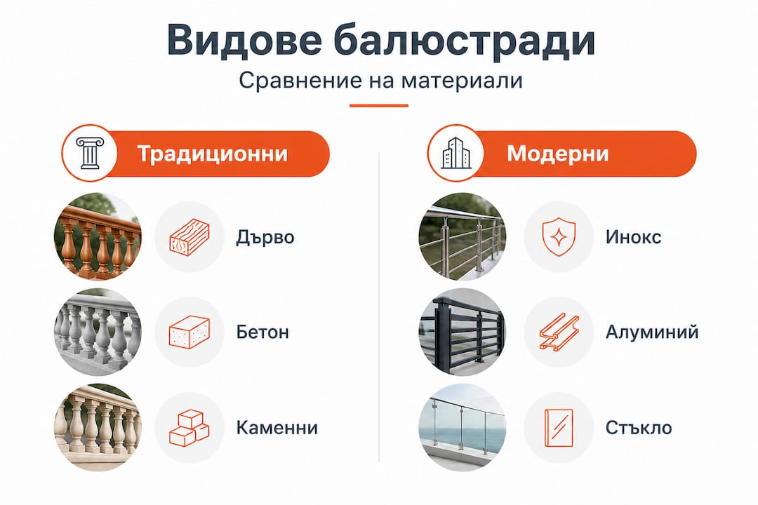 Сравнителна инфографика: Традиционни срещу модерни материали за парапети