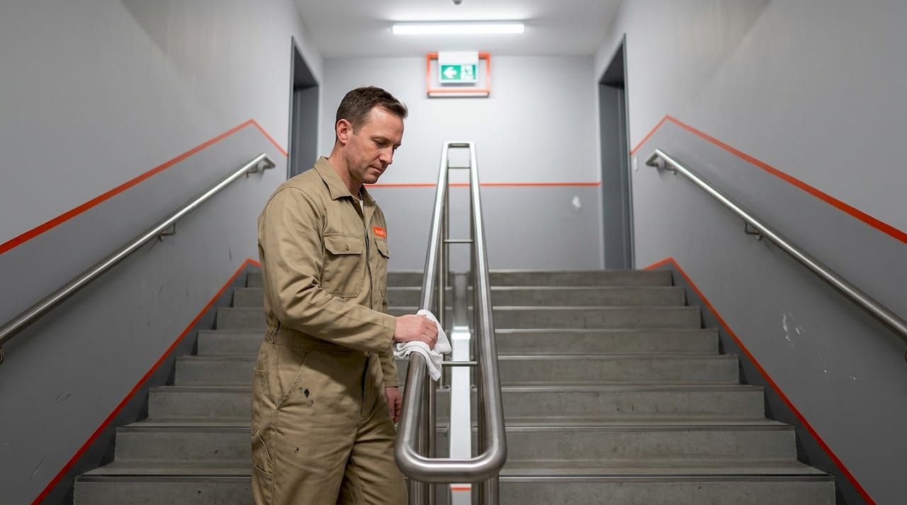 Worker checking stainless steel stair railing