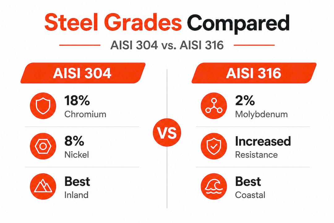 Infographic comparing AISI 304 and AISI 316 steel