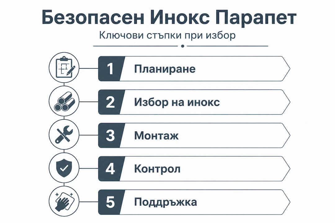 Основни стъпки за безопасност при монтаж на вертикални парапети от инокс – инфографика