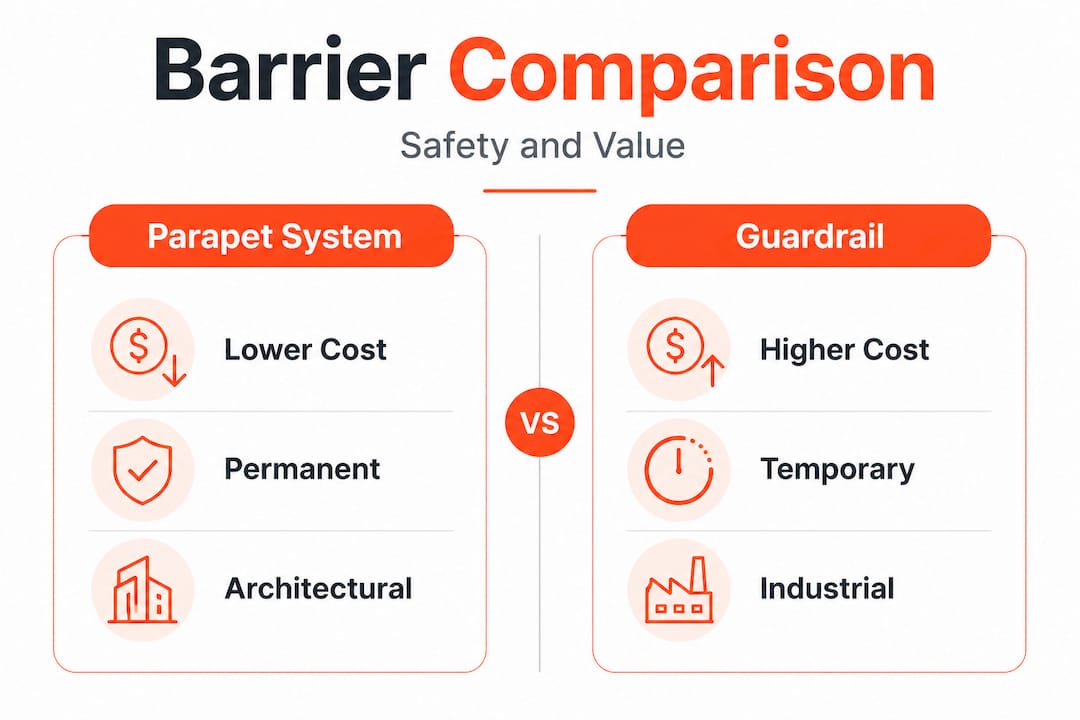 Infographic showing parapet vs guardrail comparison