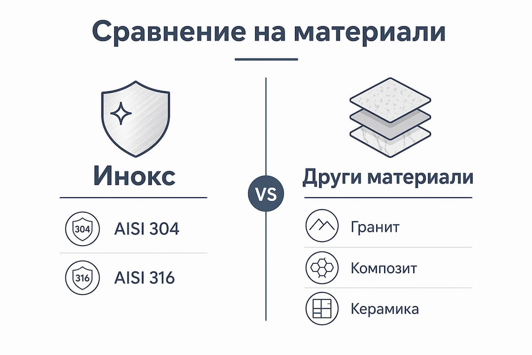 Инфографика представя сравнение между неръждаема стомана и други популярни строителни материали