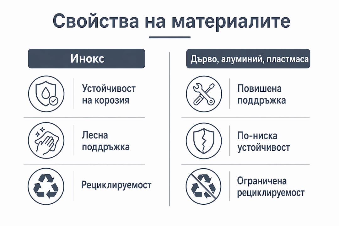 Сравнителна инфографика: Как иноксът се представя спрямо други материали по основни характеристики