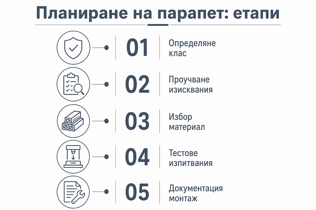 Визуално представяне на основните стъпки при планирането на парапети