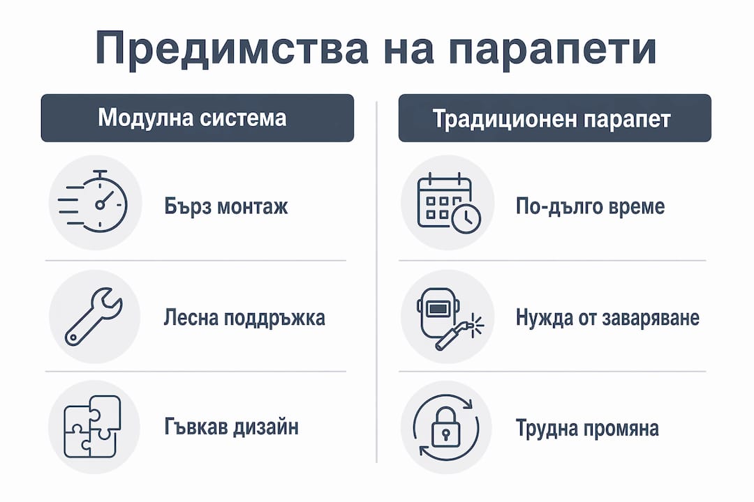 Вижте инфографика, която представя основните разлики между модулните и класическите парапети.