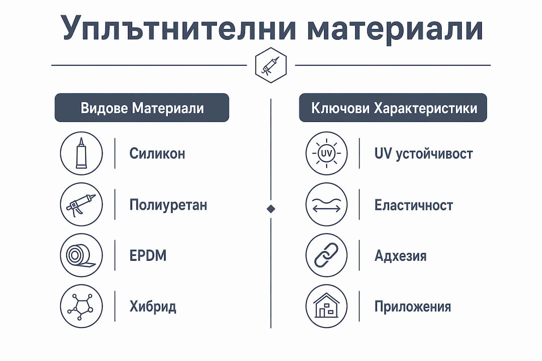Инфографика, която представя различните видове уплътнителни материали и техните основни характеристики