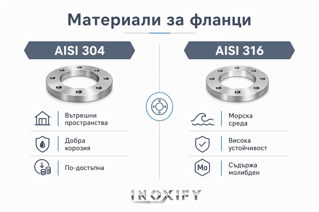 Инфографика с преглед и сравнение на различни материали, използвани за изработка на фланци